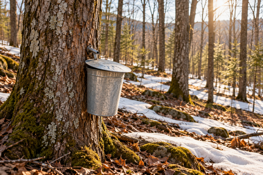 Érable avec chaudière dans une forêt au printemps — illustration d’ambiance